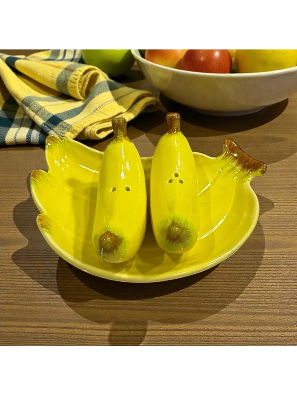 Ceramic Banana Salt and Pepper Shaker Set with Matching Dish - Yellow
